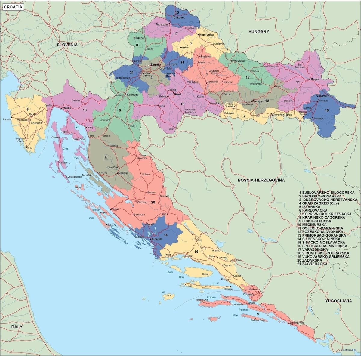 Hırvatistan haritası vektör harita 