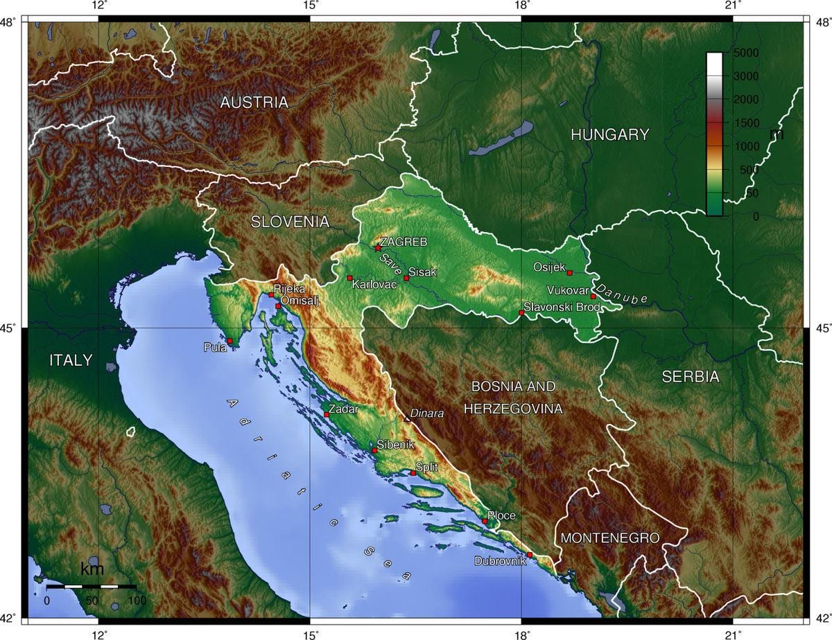 Hırvatistan haritası topografik