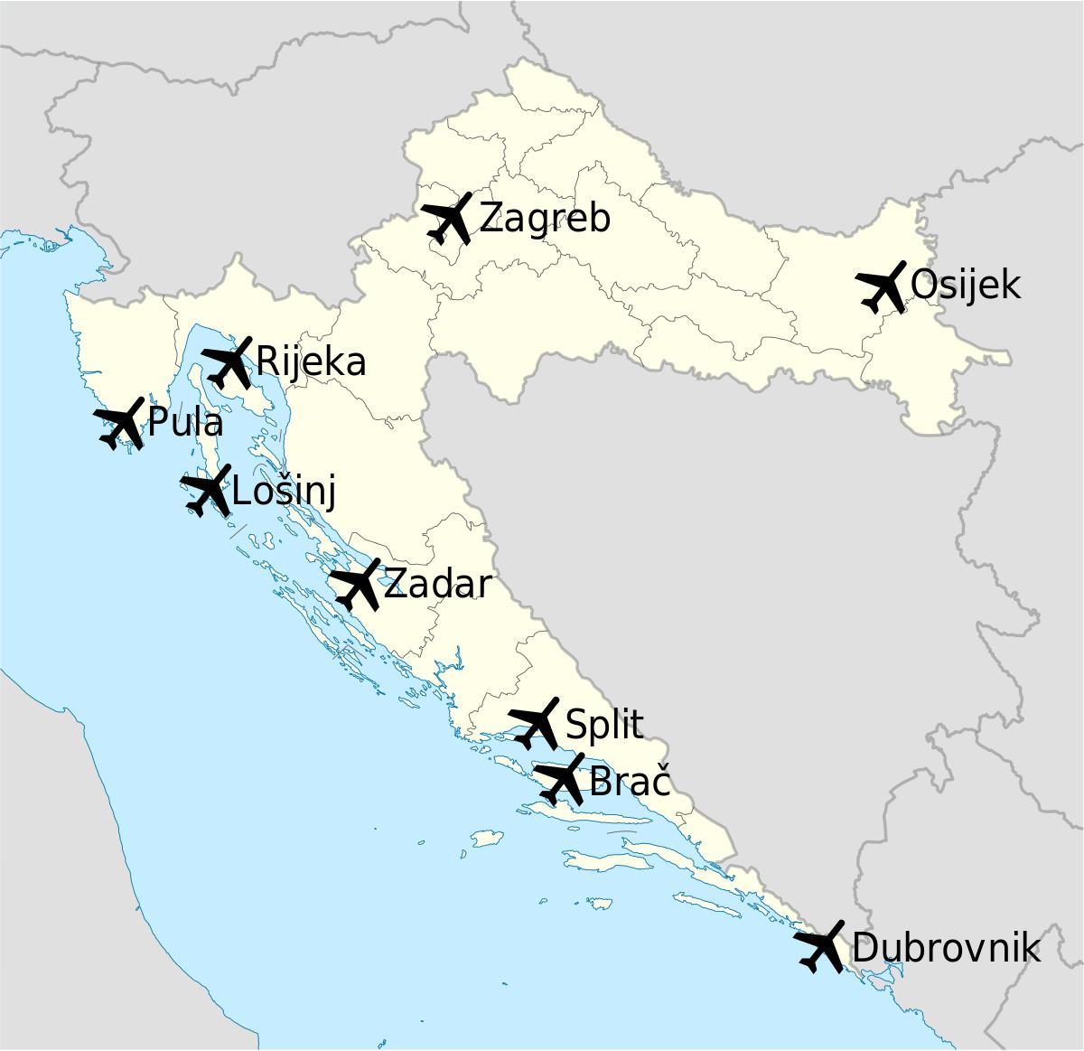 Hırvatistan haritası havaalanları gösteriliyor 